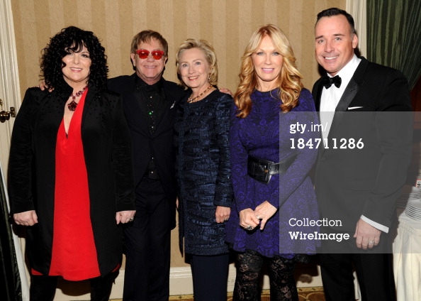 NEW YORK, NY - OCTOBER 15: (Exclusive Coverage) Ann Wilson, Elton John, Hillary Rodham Clinton, Nancy Wilson and David Furnish attend the Elton John AIDS Foundation's 12th Annual An Enduring Vision Benefit at Cipriani Wall Street on October 15, 2013 in New York City. (Photo by Kevin Mazur/WireImage)