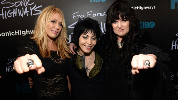 NEW YORK, NY - OCTOBER 14:  Joan Jett (C) Nancy Wilson and Ann Wilson of Heart attend the premiere of Foo Fighters "Sonic Highways" at the Ed Sullivan Theater on October 14, 2014 in New York City.  (Photo by Kevin Mazur/WireImage for HBO)